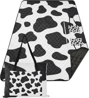 Custom Black and White Cow Print Sand Proof Beach Blanket Waterproof, Outdoor Blanket Camping Mat Cute Picnic Blanket Foldable, 80'' x 118''