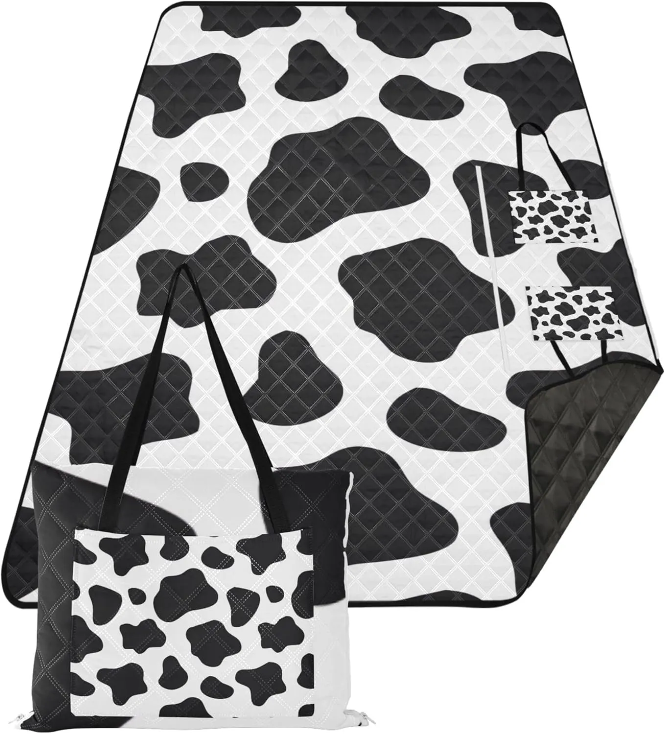 Custom Black and White Cow Print Sand Proof Beach Blanket Waterproof, Outdoor Blanket Camping Mat Cute Picnic Blanket Foldable, 80'' x 118''