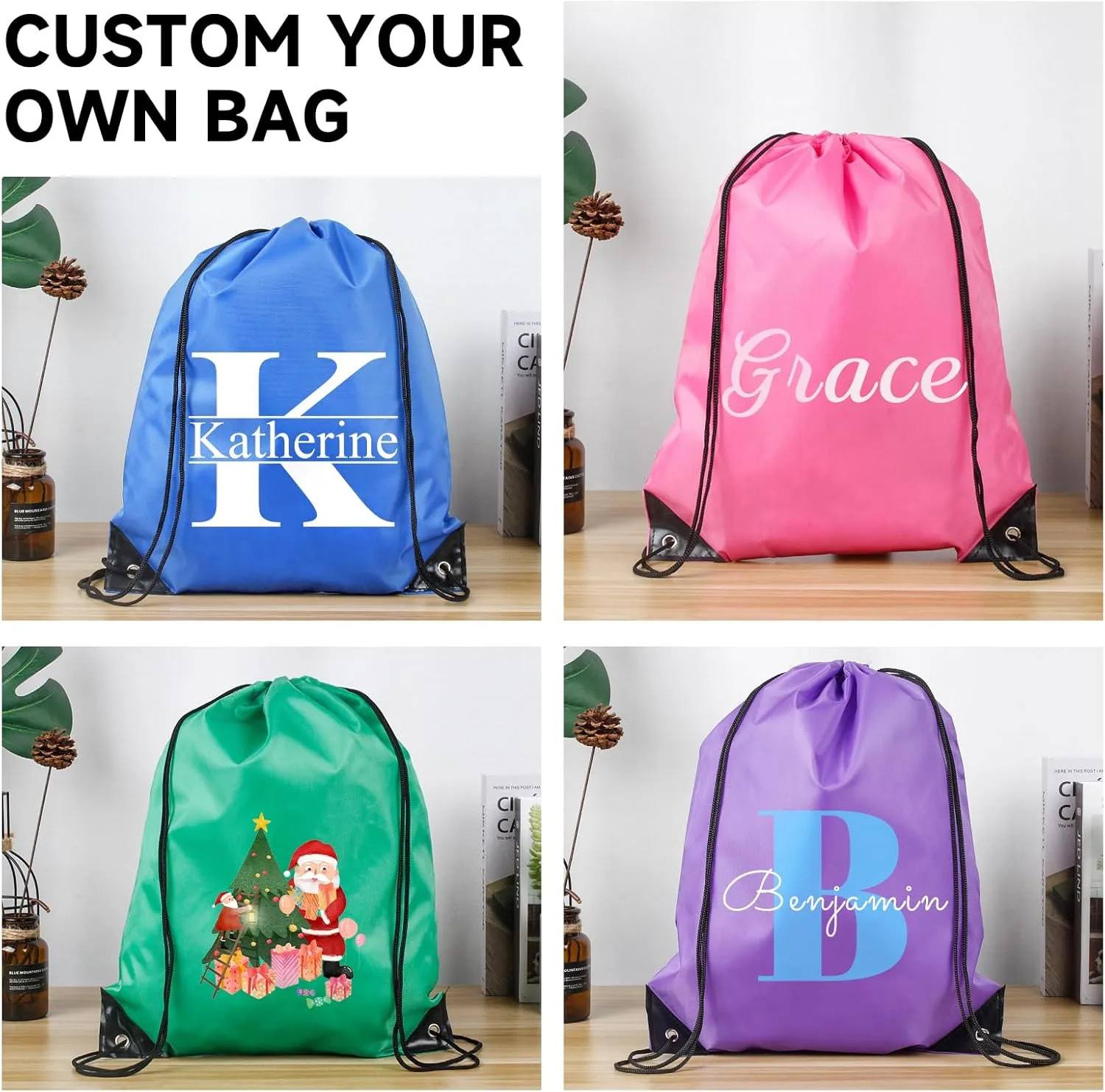 Custom Drawstring Bags With Logo, 10 Pack Personalized Text Drawstring Backpack Bulk Great for Travelling, Gym and for Everyday Use (Dark Gray)