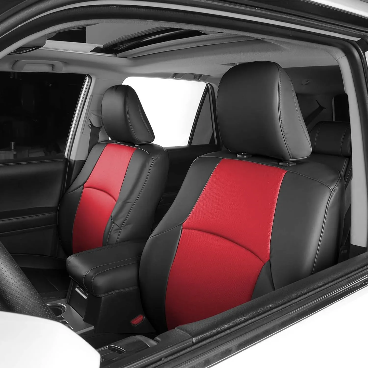 Custom Fit for Toyota 4Runner 2011-2024 2 Rows 5 Seats Models Seat Covers Full Coverage Faux Leather Waterproof and Airbag Compatible(Black-Red)