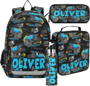 Custom Monster Truck Backpack for Boys School Personalized Carry-On Weekender Bag Middle Bookbag for Students Kids Travel Teens