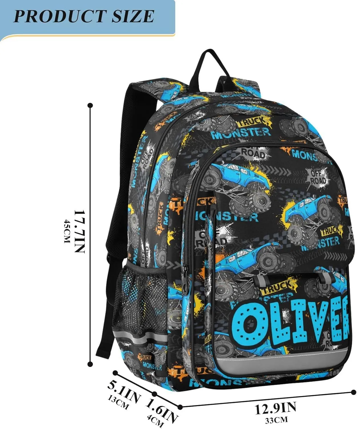 Custom Monster Truck Backpack for Boys School Personalized Carry-On Weekender Bag Middle Bookbag for Students Kids Travel Teens