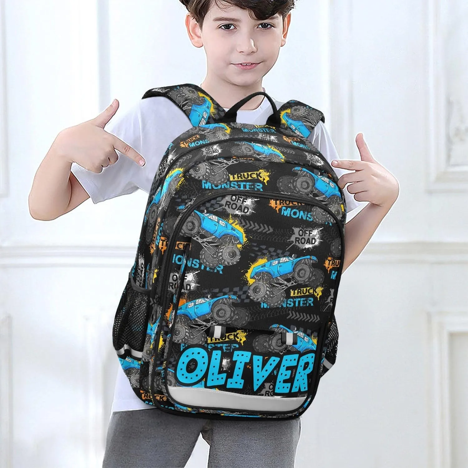 Custom Monster Truck Backpack for Boys School Personalized Carry-On Weekender Bag Middle Bookbag for Students Kids Travel Teens