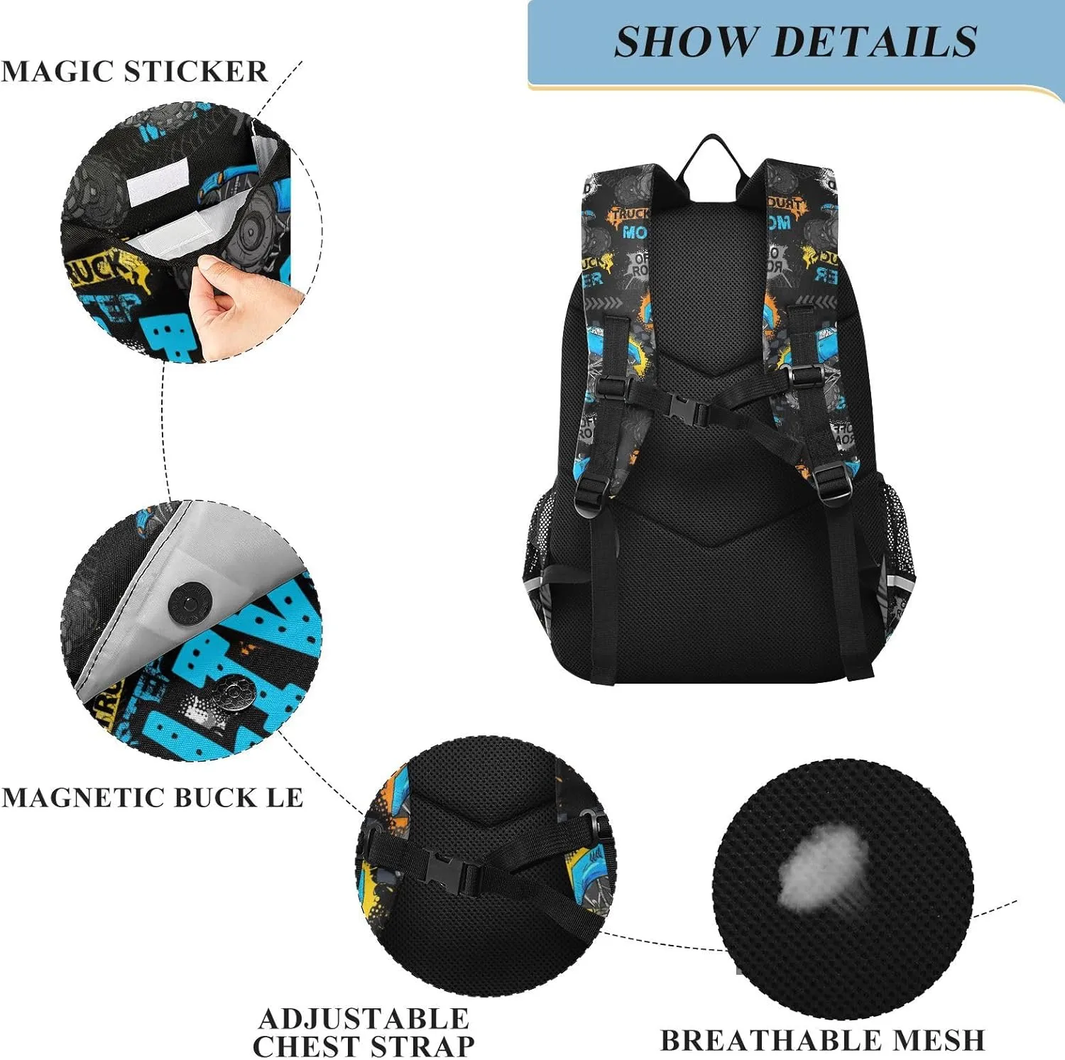 Custom Monster Truck Backpack for Boys School Personalized Carry-On Weekender Bag Middle Bookbag for Students Kids Travel Teens