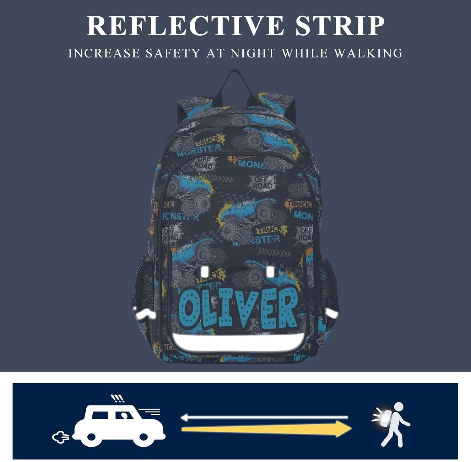 Custom Monster Truck Backpack for Boys School Personalized Carry-On Weekender Bag Middle Bookbag for Students Kids Travel Teens