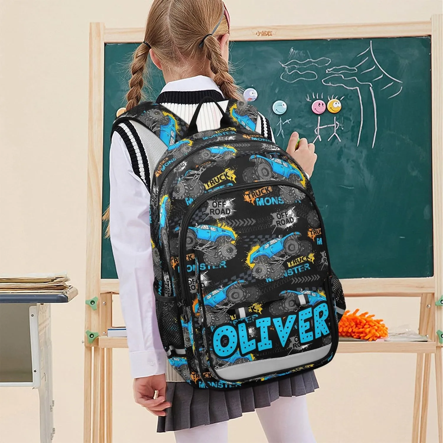 Custom Monster Truck Backpack for Boys School Personalized Carry-On Weekender Bag Middle Bookbag for Students Kids Travel Teens