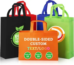 Custom Tote Bag with Handles 10/50/100 Pack - Bulk Reusable Grocery/Shopping Bags with Your Logo/Text, Promotional Advertising Bags for Business, Travel & Party