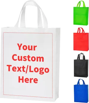 Custom Tote Bags 100 pcs, White Custom Non-woven Tote Bags with Text, Pictures, Reusable Tote Bag in Full Color Printing, Perfect for Grocery Shopping, Gift Wrapping & Business Promotion