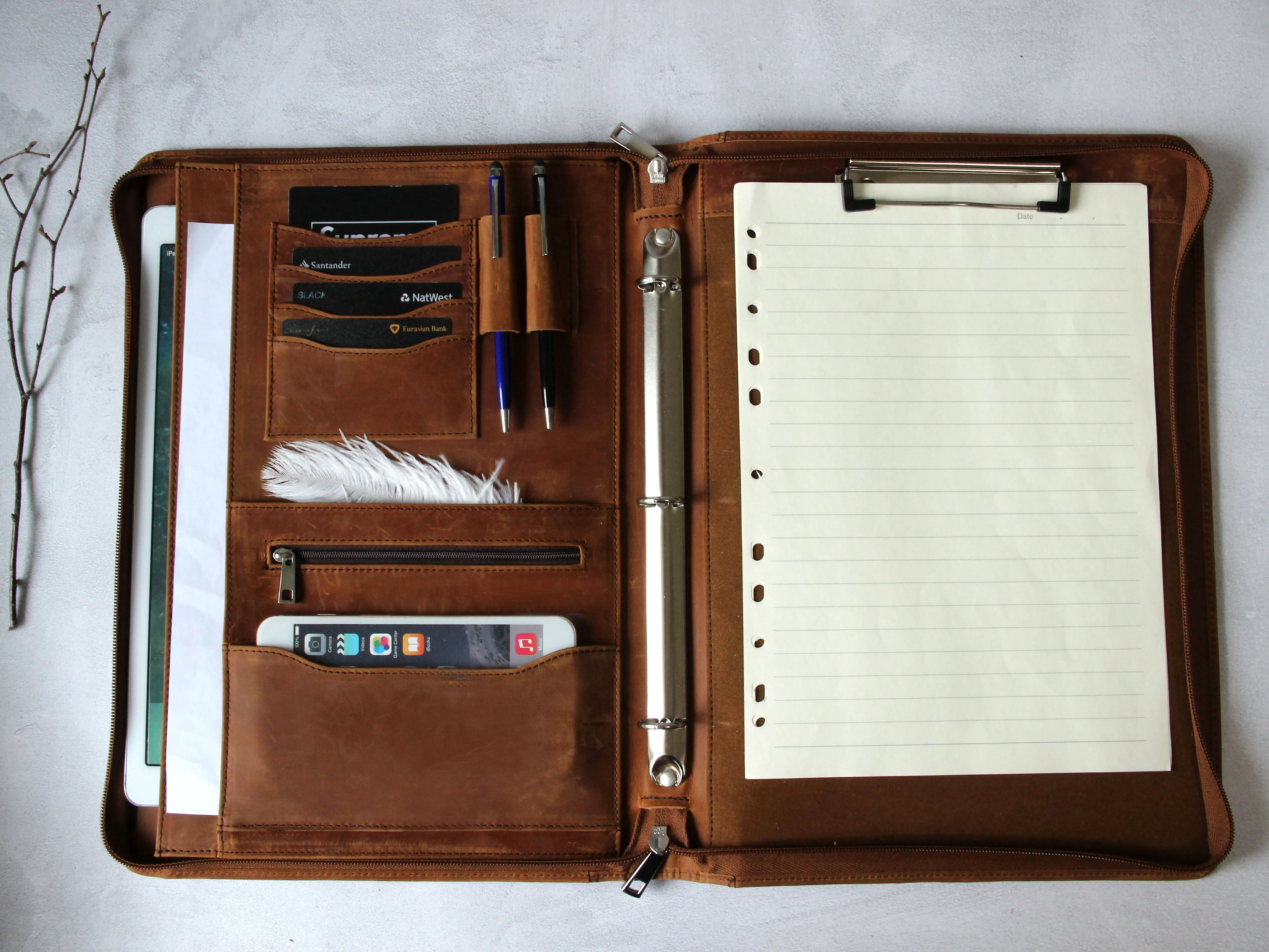 [Customised] 2PCS Distressed Vintage Leather 3 Ring Binder with Clipboard