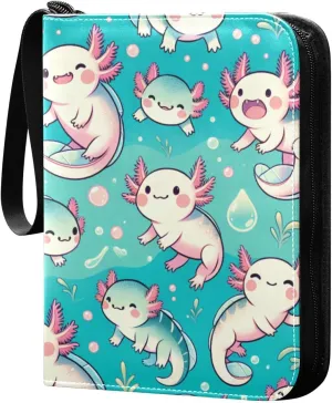 Cute Axolotl Pattern Card Binder 4 Pocket Trading Card Album Fits 400 Sports/Game Cards, PU Cover 3 Ring Card Collection with 50 Removable Sleeves