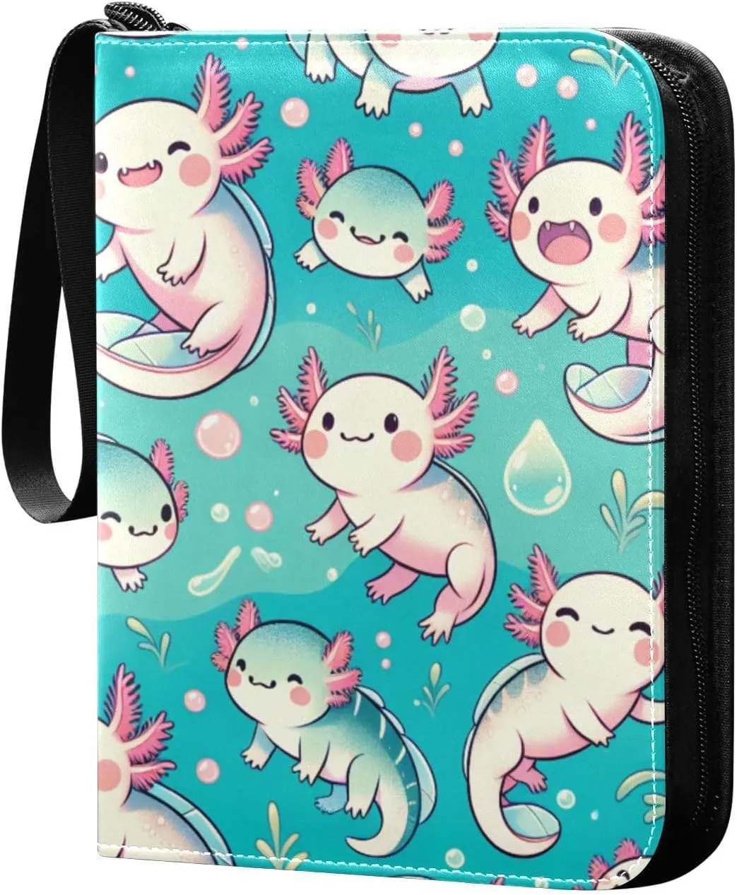 Cute Axolotl Pattern Card Binder 4 Pocket Trading Card Album Fits 400 Sports/Game Cards, PU Cover 3 Ring Card Collection with 50 Removable Sleeves