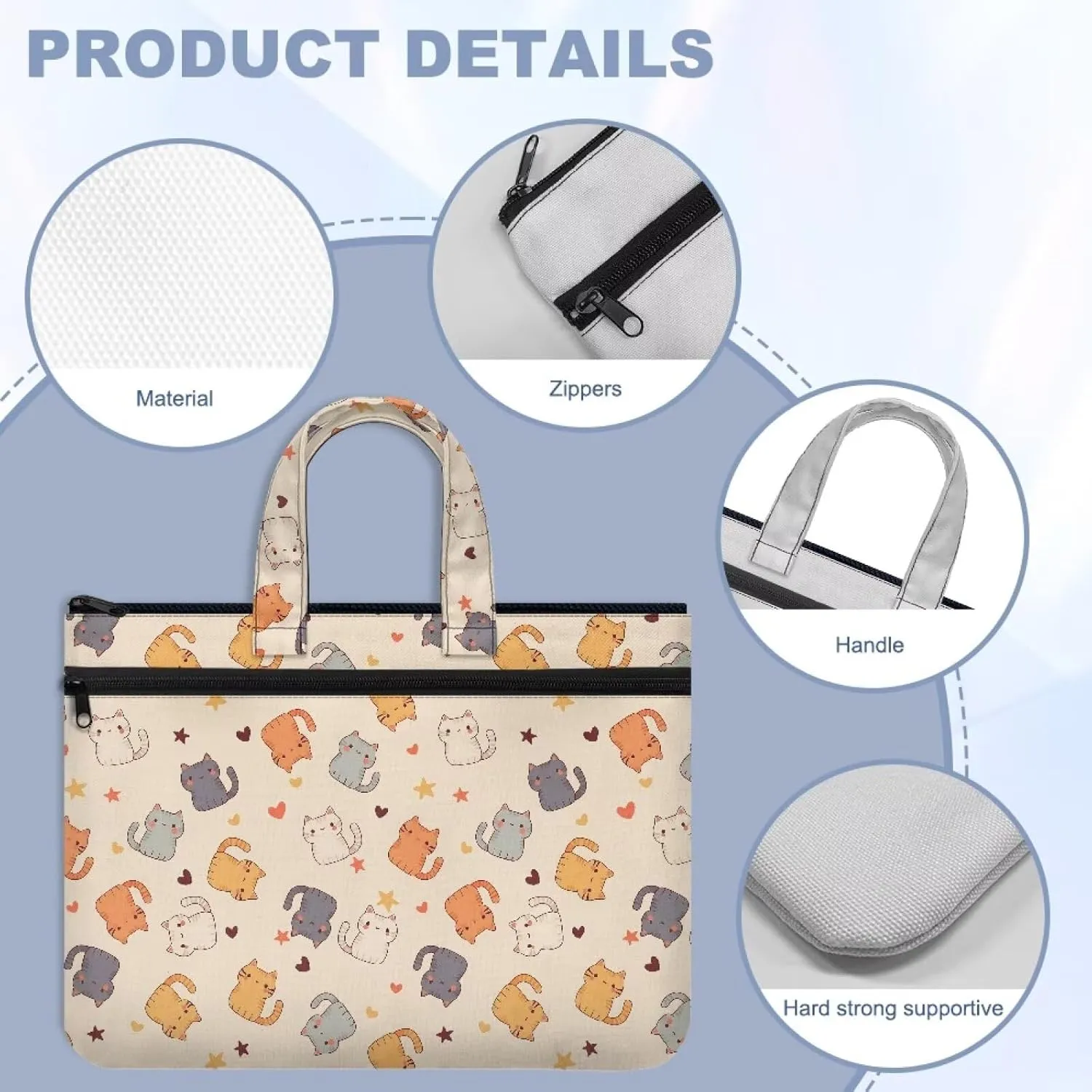 Cute Cats Print Unisex's Fashion Zipper Document Bag Handle Meeting Office Organizer Briefcase Large Zipper Bag with Zipper Pockets for Meeting Office