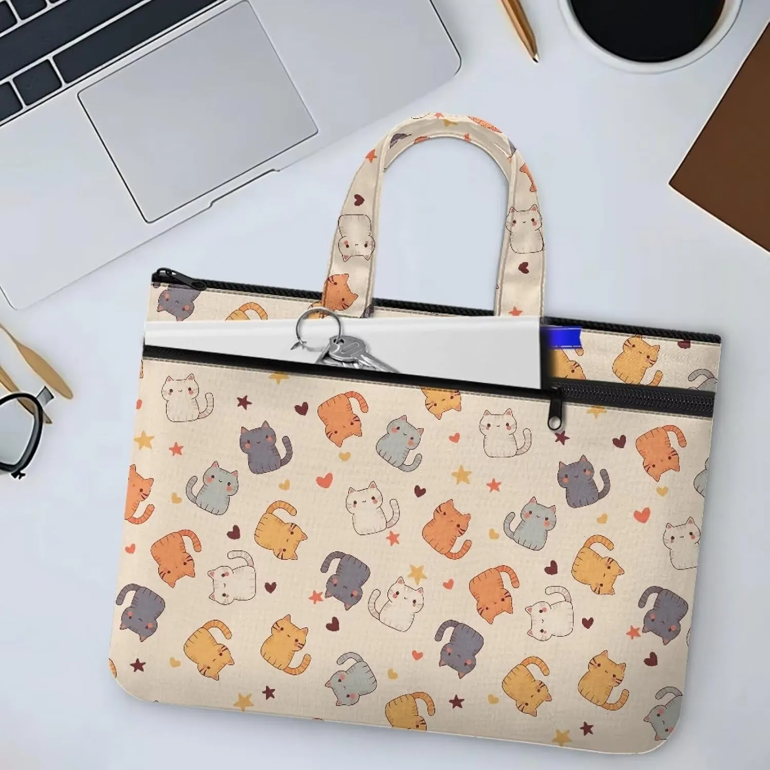 Cute Cats Print Unisex's Fashion Zipper Document Bag Handle Meeting Office Organizer Briefcase Large Zipper Bag with Zipper Pockets for Meeting Office