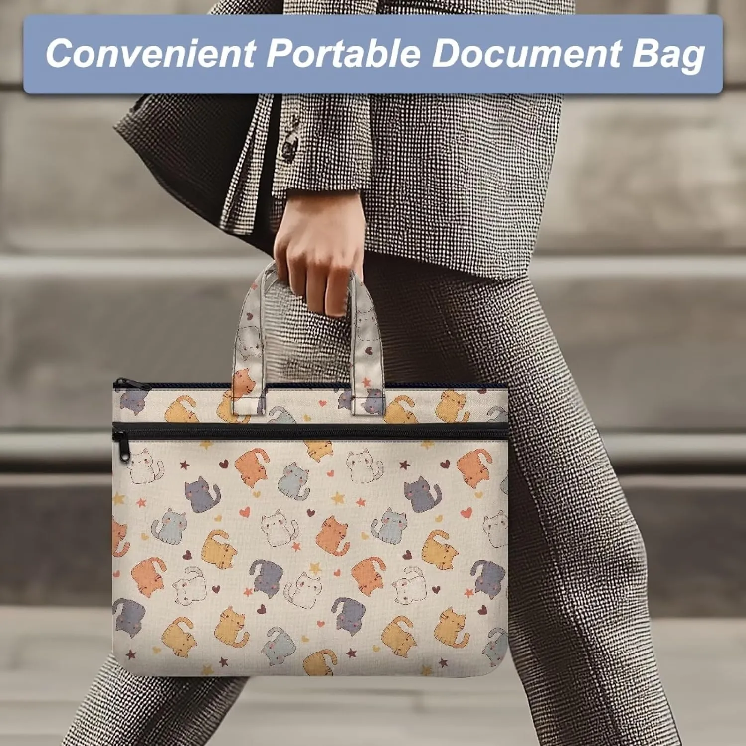 Cute Cats Print Unisex's Fashion Zipper Document Bag Handle Meeting Office Organizer Briefcase Large Zipper Bag with Zipper Pockets for Meeting Office