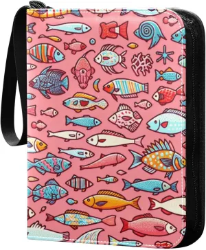Cute Fishes Pink Card Binder 4 Pocket Trading Card Album Fits 400 Sports/Game Cards, PU Cover 3 Ring Card Collection with 50 Removable Sleeves