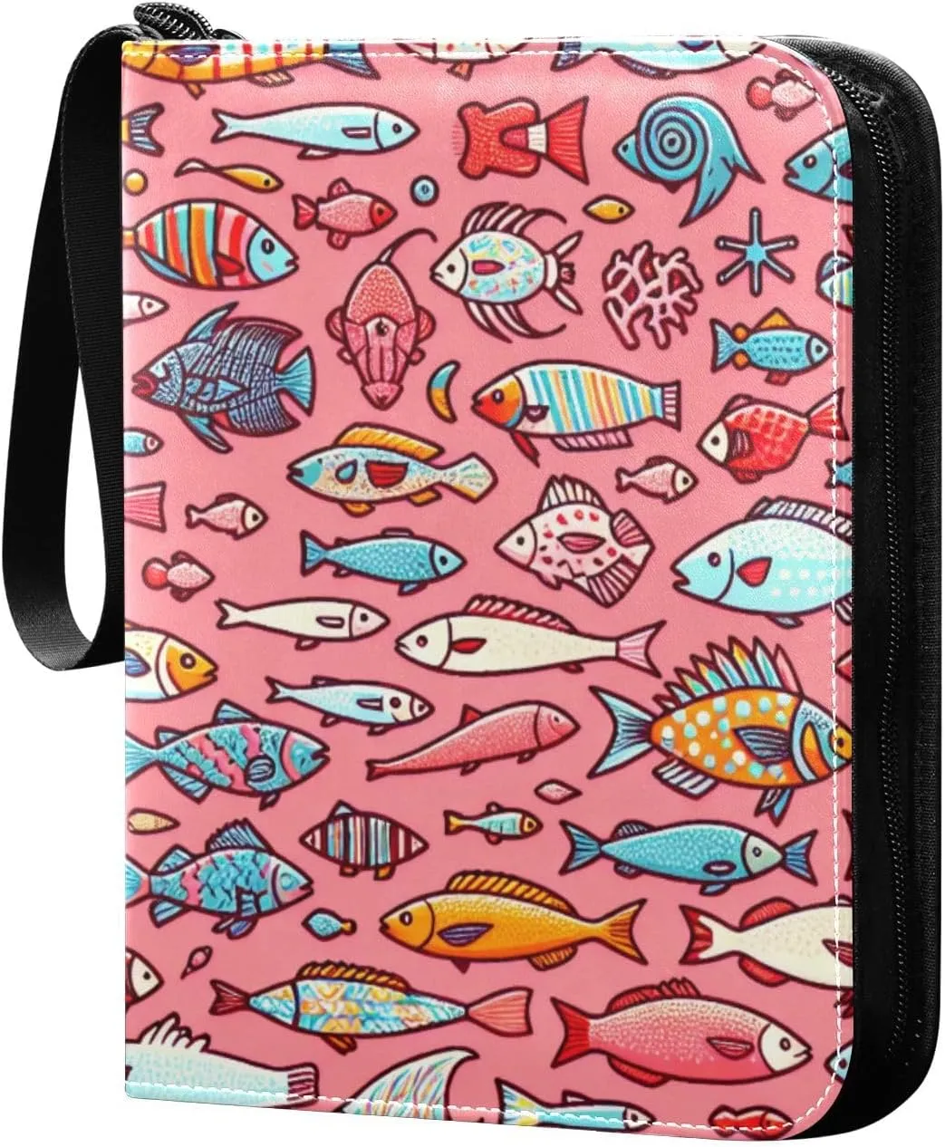 Cute Fishes Pink Card Binder 4 Pocket Trading Card Album Fits 400 Sports/Game Cards, PU Cover 3 Ring Card Collection with 50 Removable Sleeves
