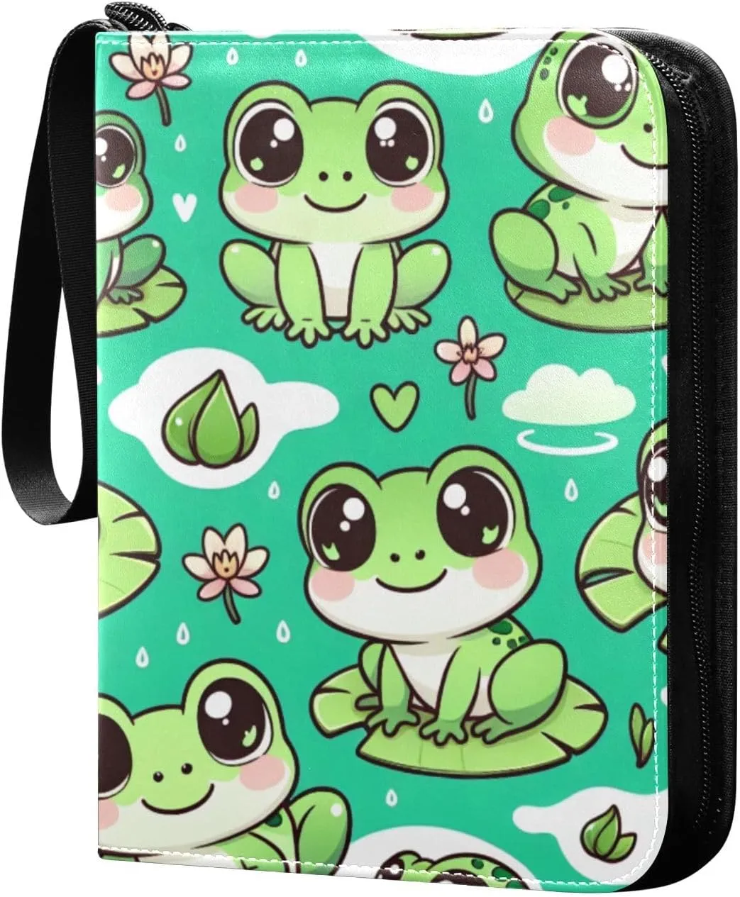 Cute Frogs Green Card Binder 4 Pocket Trading Card Album Fits 400 Sports/Game Cards, PU Cover 3 Ring Card Collection with 50 Removable Sleeves