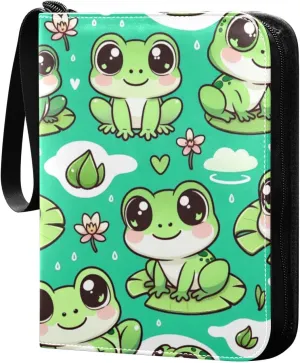 Cute Frogs Green Card Binder 4 Pocket Trading Card Album Fits 400 Sports/Game Cards, PU Cover 3 Ring Card Collection with 50 Removable Sleeves