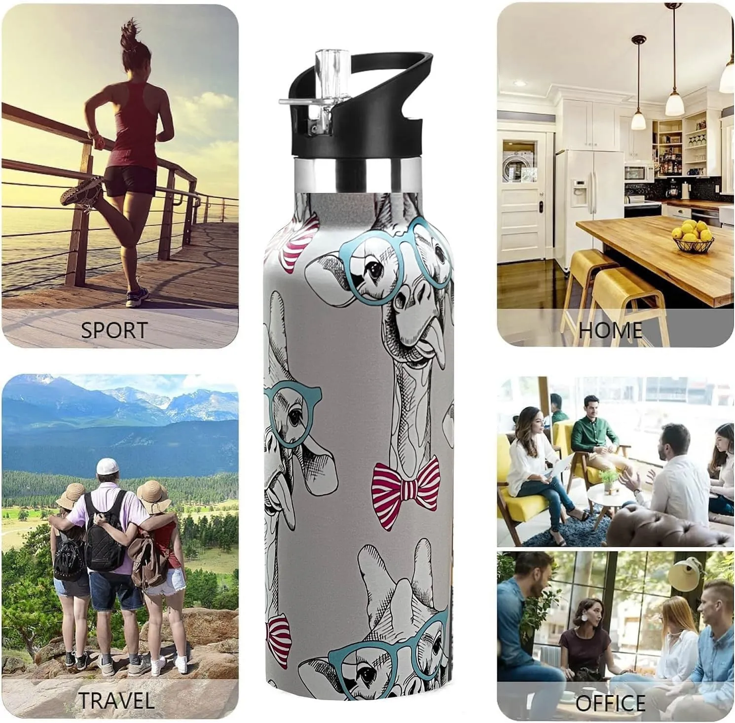 Cute Giraffe Water Bottle Adult Kids With Straw Lid Insulated Stainless Steel Travel Mugs for Sport Gym Outdoor 20oz