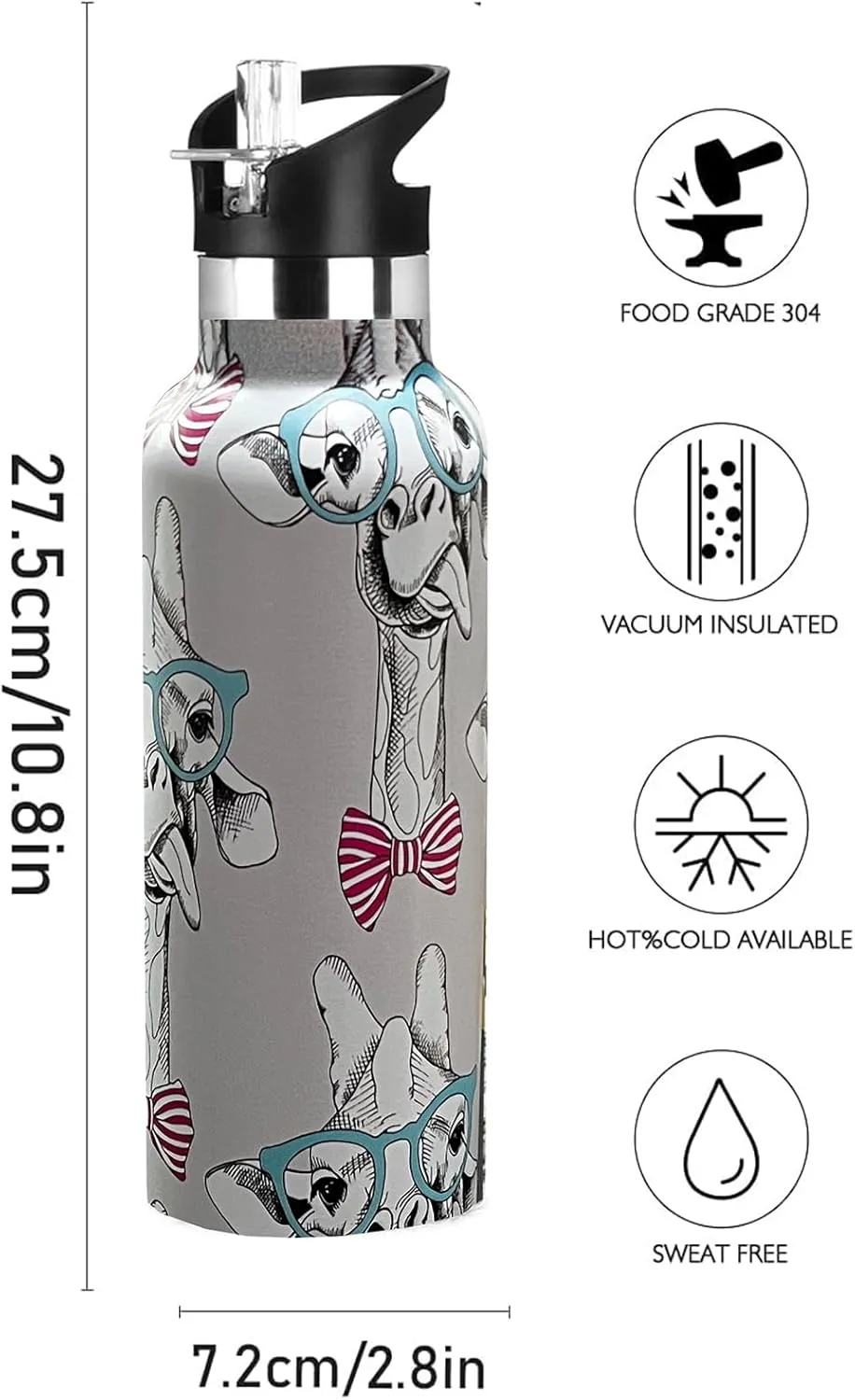 Cute Giraffe Water Bottle Adult Kids With Straw Lid Insulated Stainless Steel Travel Mugs for Sport Gym Outdoor 20oz