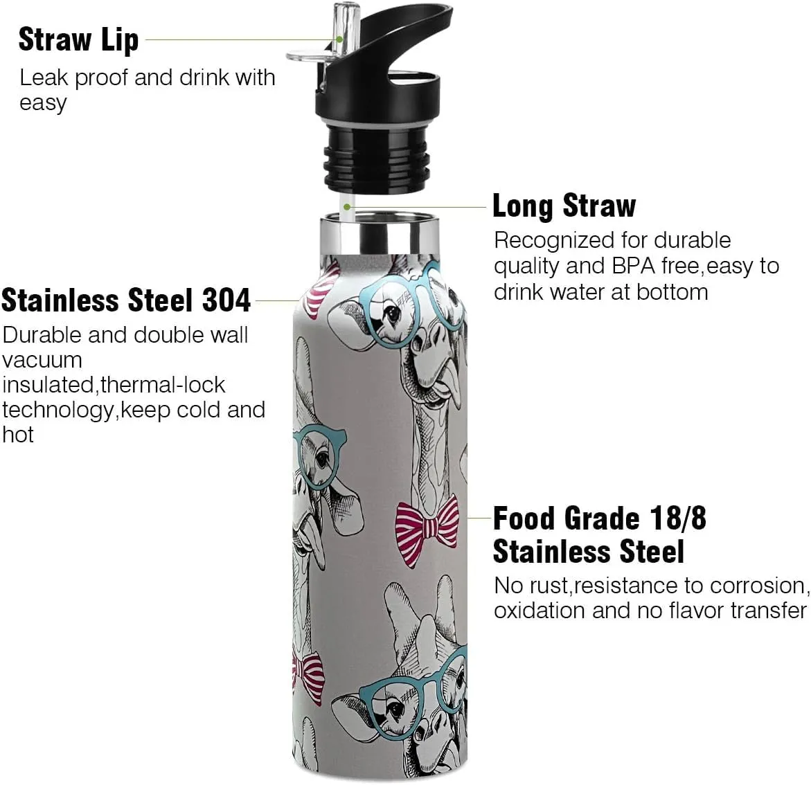 Cute Giraffe Water Bottle Adult Kids With Straw Lid Insulated Stainless Steel Travel Mugs for Sport Gym Outdoor 20oz