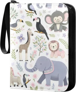 Cute Jungle Animals Card Binder 4 Pocket Trading Card Album Fits 400 Sports/Game Cards, PU Cover 3 Ring Card Collection with 50 Removable Sleeves