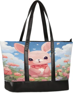 Cute Rabbit Flowers Laptop Tote Bag for Women Lightweight Work Purse with Multiple Compartments Fits 13-15.6 Inch Laptop Tablet Shoulder Bag for Office Travel Daily Use
