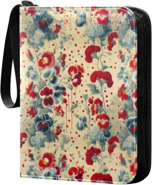 Cute Red Flower Card Binder 4 Pocket Trading Card Album Fits 400 Sports/Game Cards, PU Cover 3 Ring Card Collection with 50 Removable Sleeves