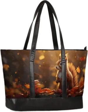 Cute Squirrel Leaves Laptop Tote Bag for Women Lightweight Work Purse with Multiple Compartments Fits 13-15.6 Inch Laptop Tablet Shoulder Bag for Office Travel Daily Use