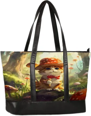 Cute Watercolor Cat Deep Forest Mushroom Laptop Tote Bag for Women Lightweight Work Purse with Multiple Compartments Fits 13-15.6 Inch Laptop Tablet Shoulder Bag for Office Travel Daily Use