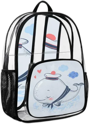 Cute Whale Sailor Cartoon Clear Backpack Heavy Duty Transparent Bookbag Clear Back Pack See Through Plastic Book Bag for Work,Security,Stadium,Travel,Festival,College