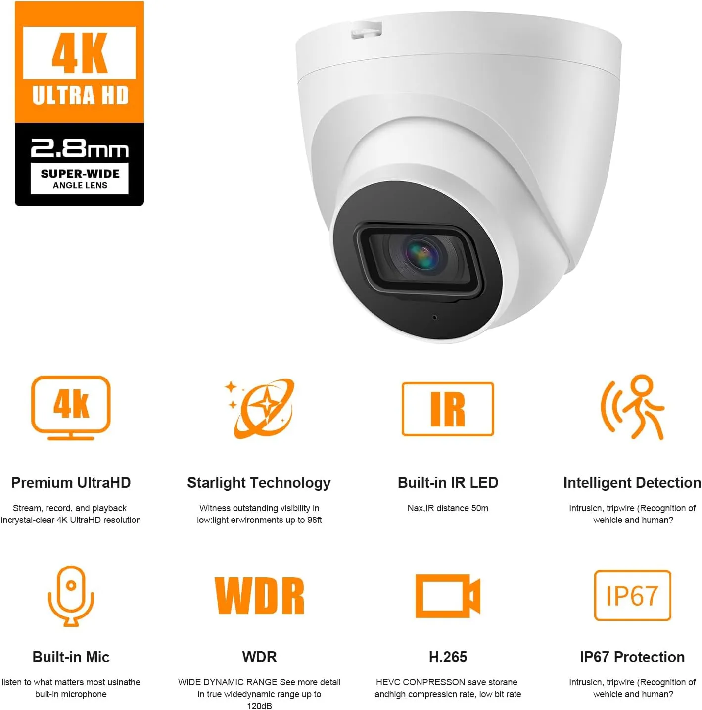 Dahua 4K 8MP PoE Security Dome Surveillance IP Camera Outdoor Home Camera IR Network Camera with Mic H.265 Codec Intelligent Detection IP67 164ft Night Vision MicroSD 4.0 and AI SSA