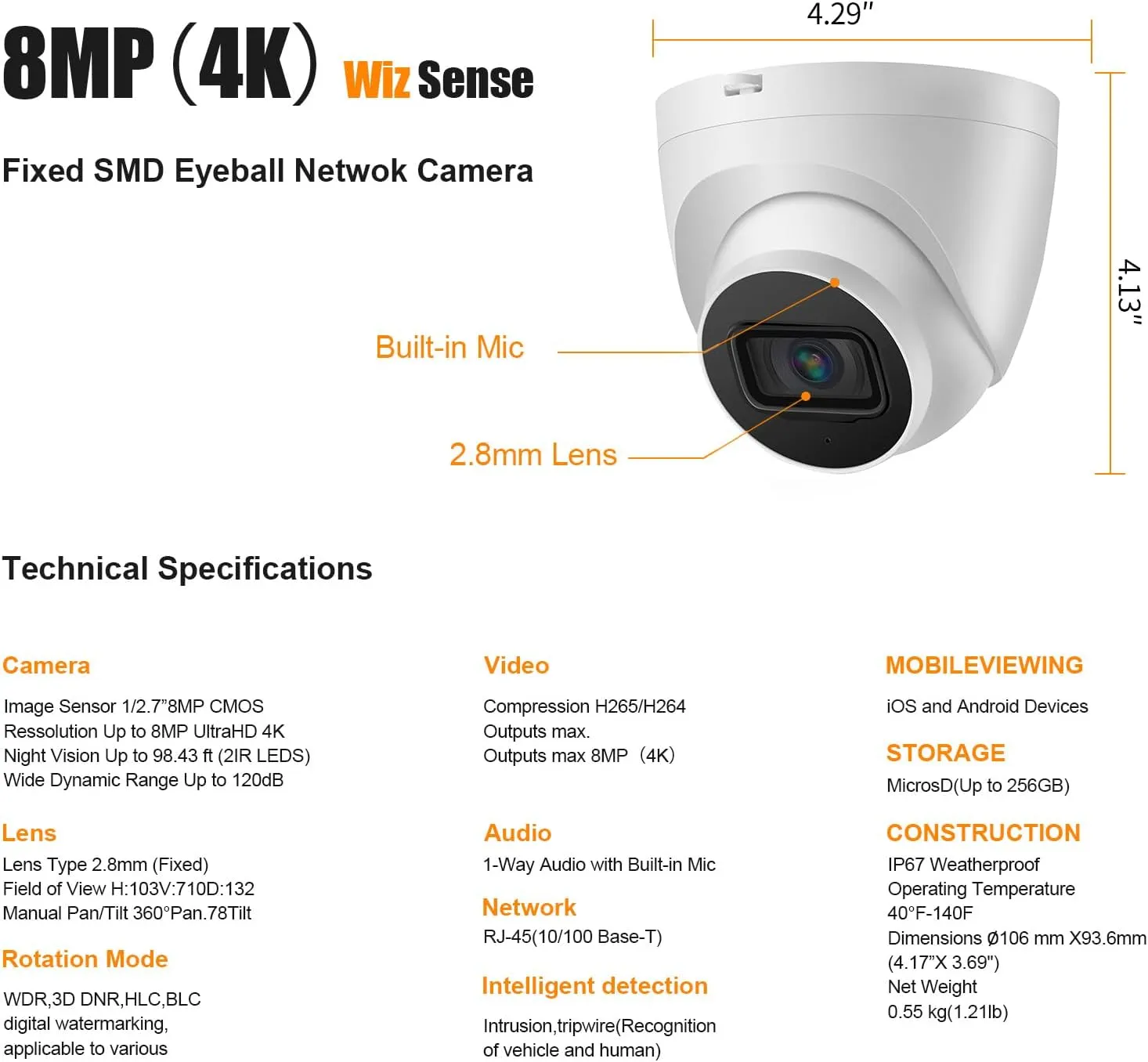 Dahua 4K 8MP PoE Security Dome Surveillance IP Camera Outdoor Home Camera IR Network Camera with Mic H.265 Codec Intelligent Detection IP67 164ft Night Vision MicroSD 4.0 and AI SSA