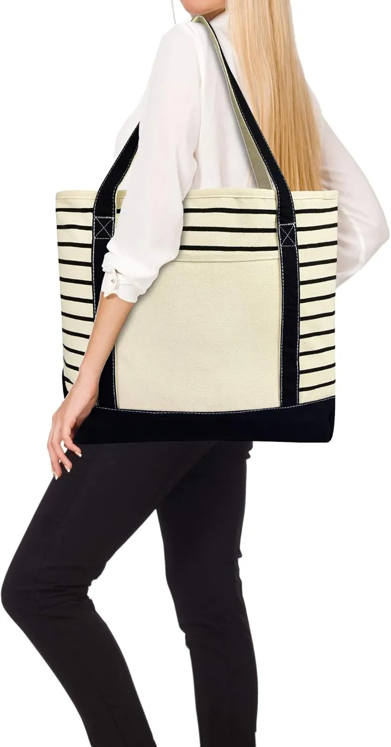 DALIX Medium Stripe Tote Deluxe Shoulder Bag Cotton Canvas in Black