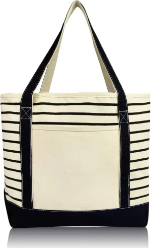 DALIX Medium Stripe Tote Deluxe Shoulder Bag Cotton Canvas in Black