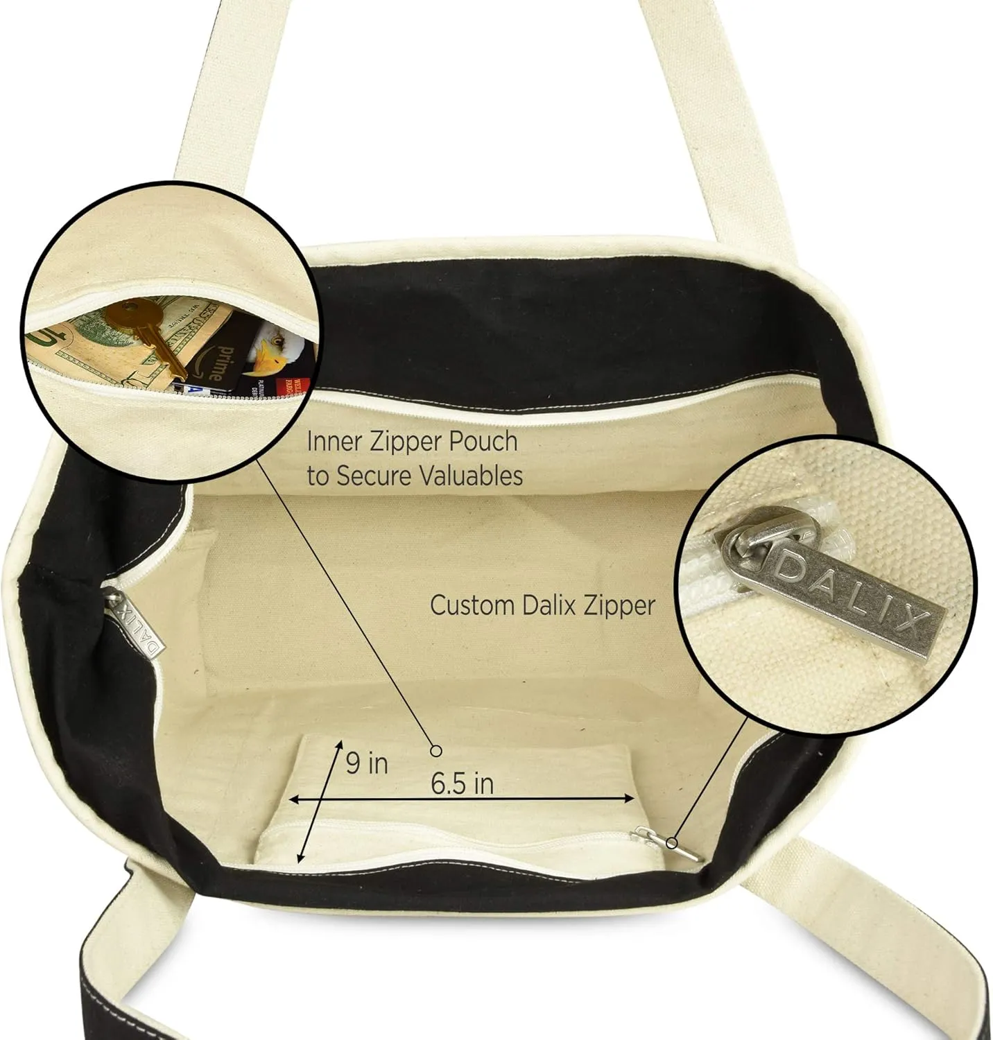 DALIX Medium Stripe Tote Deluxe Shoulder Bag Cotton Canvas in Black