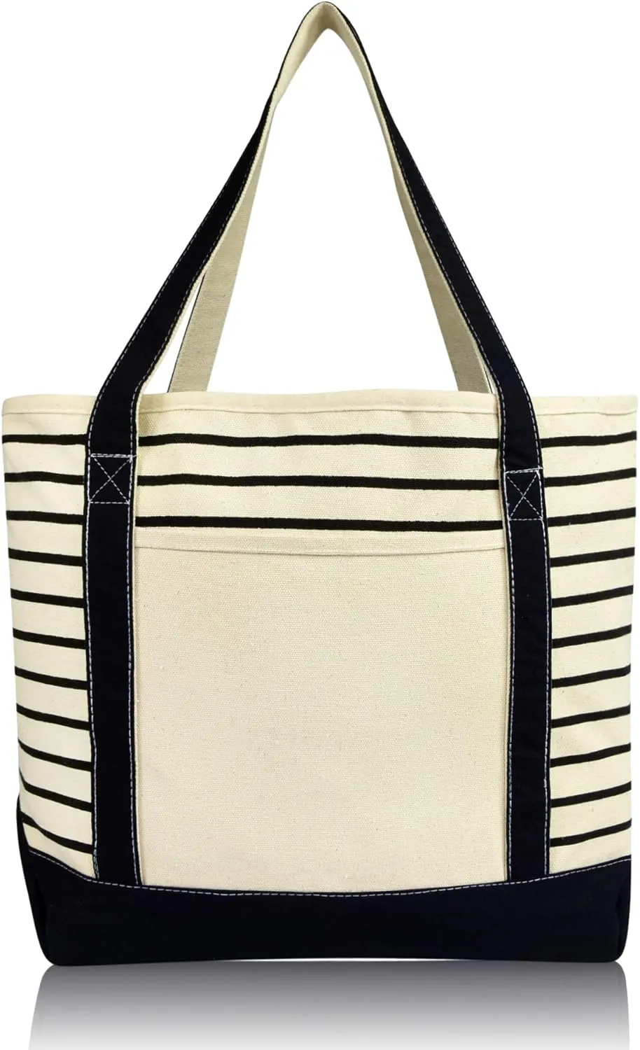 DALIX Medium Stripe Tote Deluxe Shoulder Bag Cotton Canvas in Black