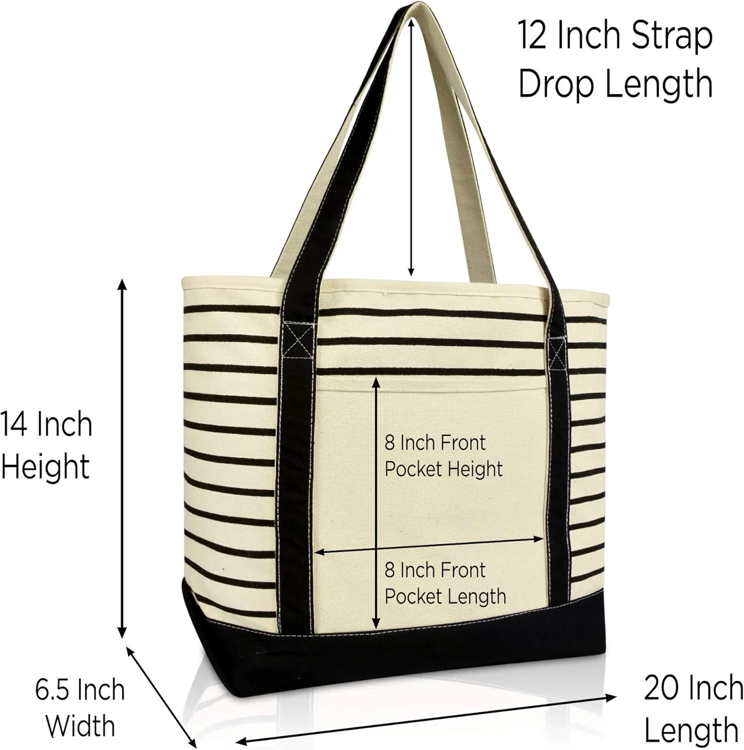 DALIX Medium Stripe Tote Deluxe Shoulder Bag Cotton Canvas in Black