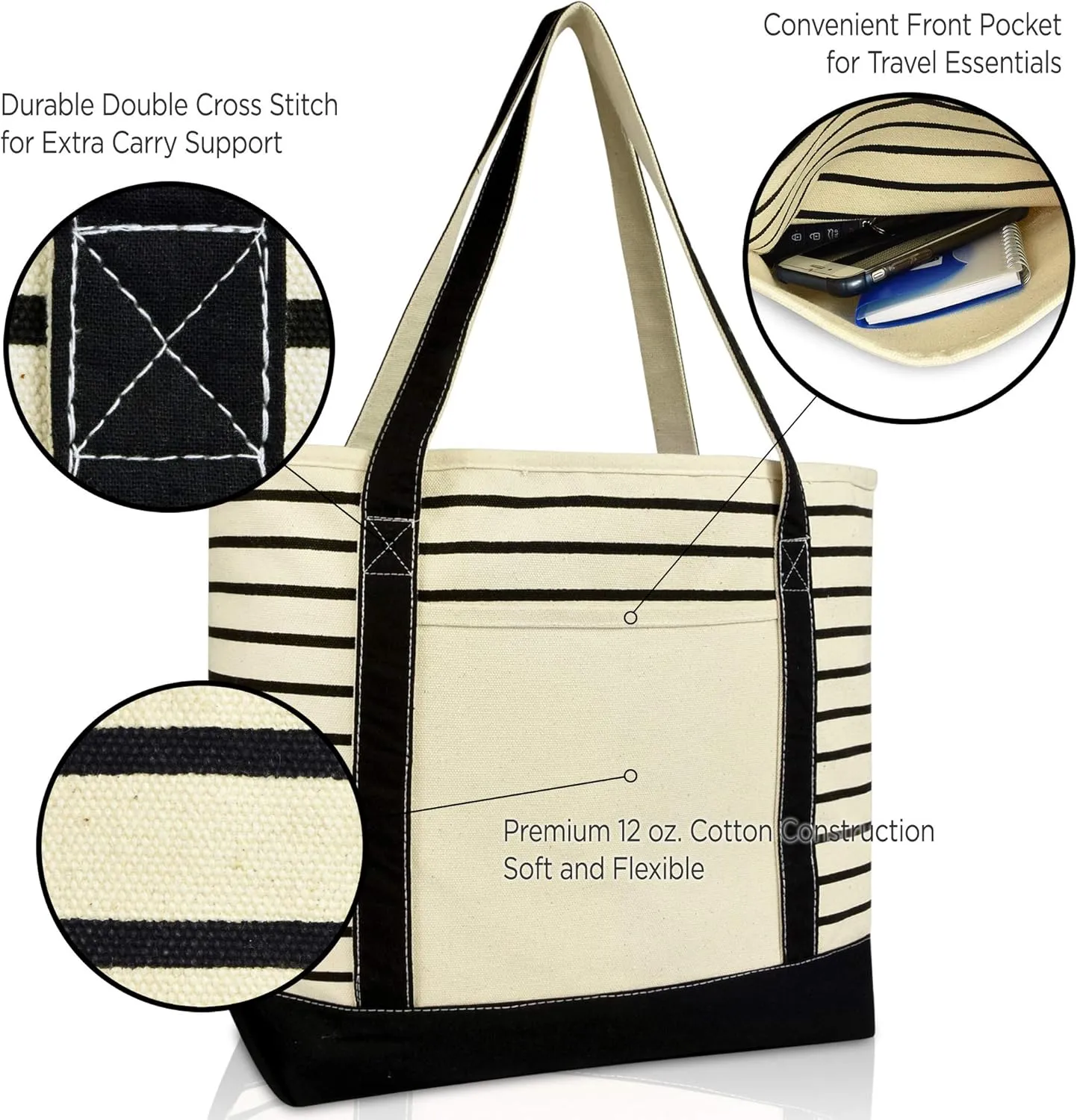 DALIX Medium Stripe Tote Deluxe Shoulder Bag Cotton Canvas in Black