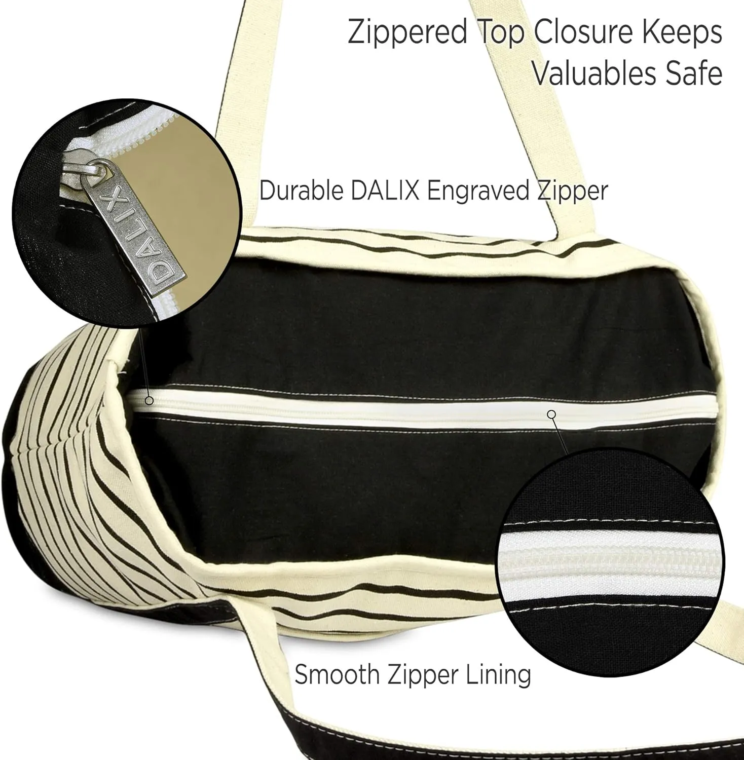 DALIX Medium Stripe Tote Deluxe Shoulder Bag Cotton Canvas in Black