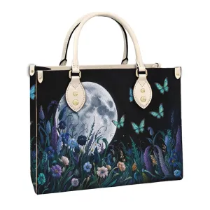 Dark Cottagecore Moon Leather Bag For Women, Aesthetic Cottage Core Handbags, Botanical Chic Satchel Shoulder/Crossbody Bag, Nature Wildflower Gift Bag for Her Mom Grandma Friend (White Strap, 11.6"x8.3")