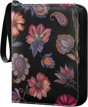 Dark Paisley Flowers Card Binder 4 Pocket Trading Card Album Fits 400 Sports/Game Cards, PU Cover 3 Ring Card Collection with 50 Removable Sleeves