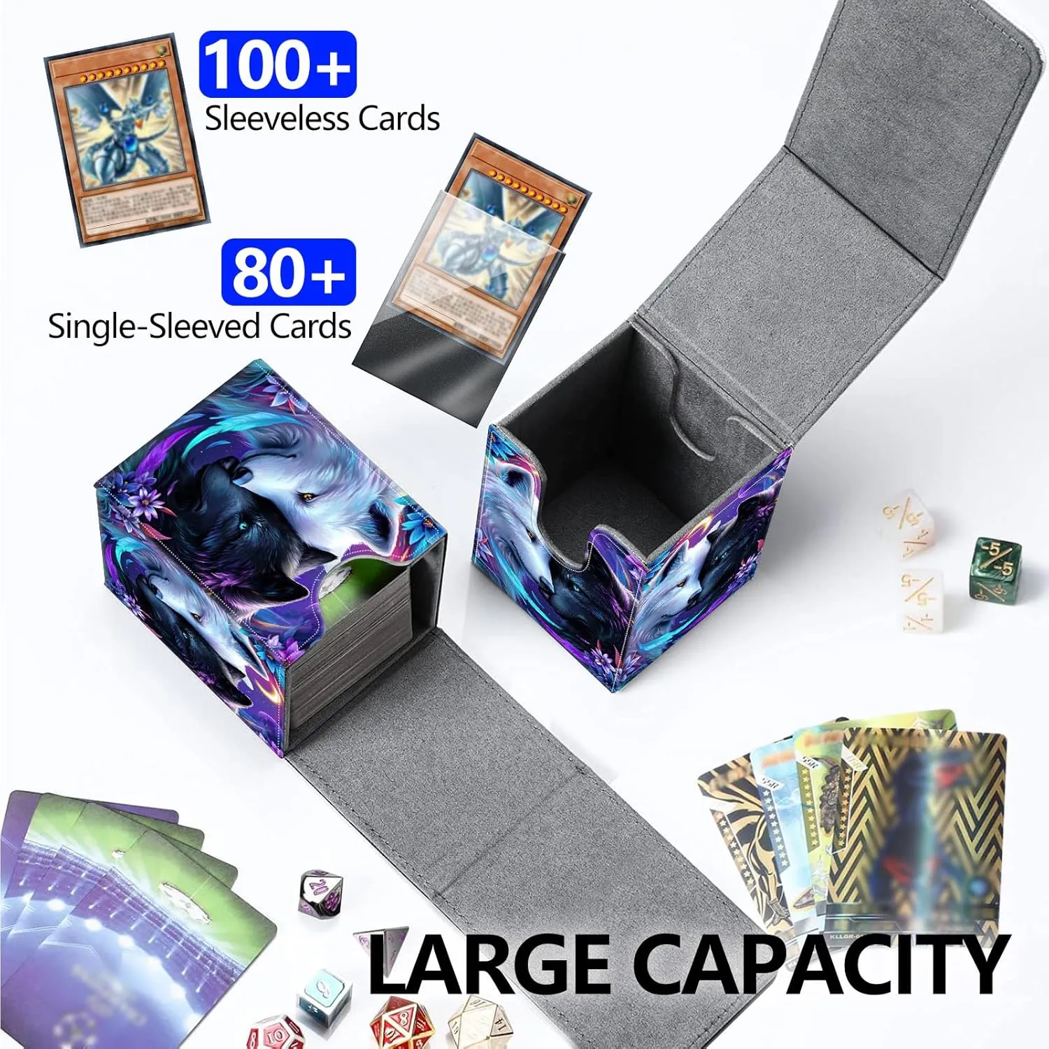 Deck Box MTG with Card Protectors Sleeves,Holds 80 Sleeved Gaming Cards,Deck Box with Strong Magnetic Closure,Securely Keeps Cards Safe,Wolf Purple Flower-2