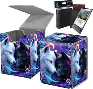 Deck Box MTG with Card Protectors Sleeves,Holds 80 Sleeved Gaming Cards,Deck Box with Strong Magnetic Closure,Securely Keeps Cards Safe,Wolf Purple Flower-2