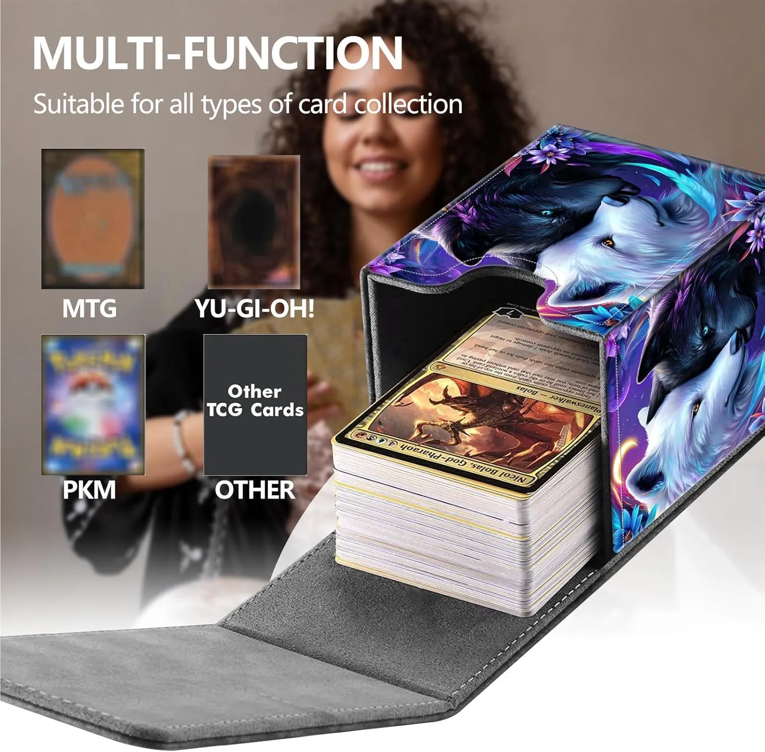 Deck Box MTG with Card Protectors Sleeves,Holds 80 Sleeved Gaming Cards,Deck Box with Strong Magnetic Closure,Securely Keeps Cards Safe,Wolf Purple Flower-2