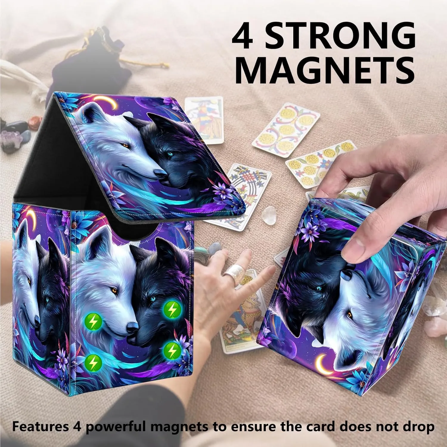 Deck Box MTG with Card Protectors Sleeves,Holds 80 Sleeved Gaming Cards,Deck Box with Strong Magnetic Closure,Securely Keeps Cards Safe,Wolf Purple Flower-2