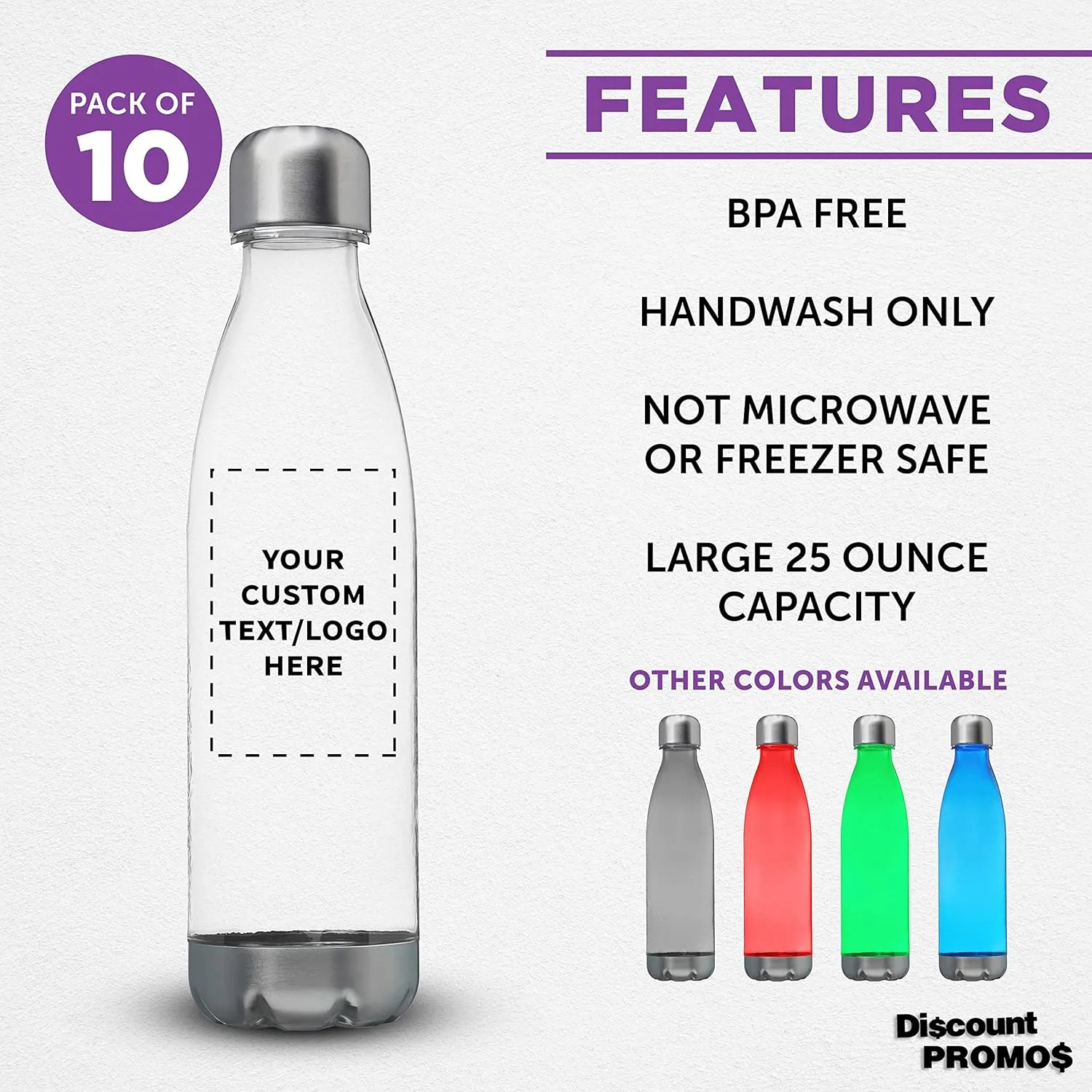 DISCOUNT PROMOS Custom Levian Cola Shaped Plastic Bottles 25 oz. Set of 10, Personalized Bulk Pack - BPA Free, Great for Gym, Hiking, Cycling, Yoga and More - Clear