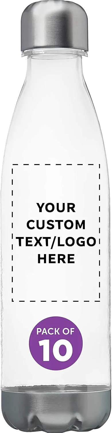 DISCOUNT PROMOS Custom Levian Cola Shaped Plastic Bottles 25 oz. Set of 10, Personalized Bulk Pack - BPA Free, Great for Gym, Hiking, Cycling, Yoga and More - Clear