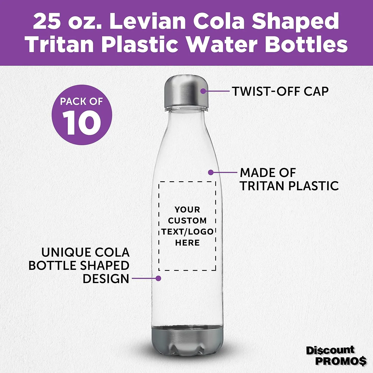 DISCOUNT PROMOS Custom Levian Cola Shaped Plastic Bottles 25 oz. Set of 10, Personalized Bulk Pack - BPA Free, Great for Gym, Hiking, Cycling, Yoga and More - Clear