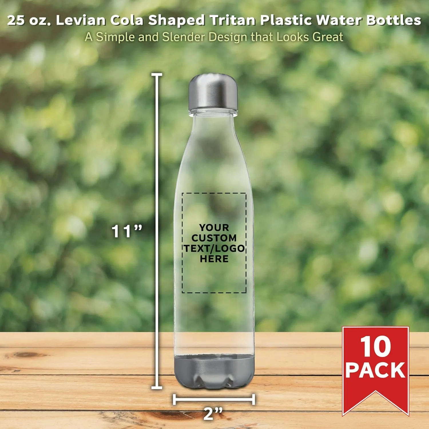 DISCOUNT PROMOS Custom Levian Cola Shaped Plastic Bottles 25 oz. Set of 10, Personalized Bulk Pack - BPA Free, Great for Gym, Hiking, Cycling, Yoga and More - Clear